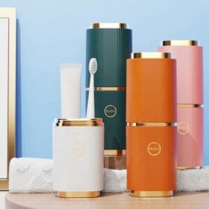 Stylish insulated tumblers in various colors on a blue background.